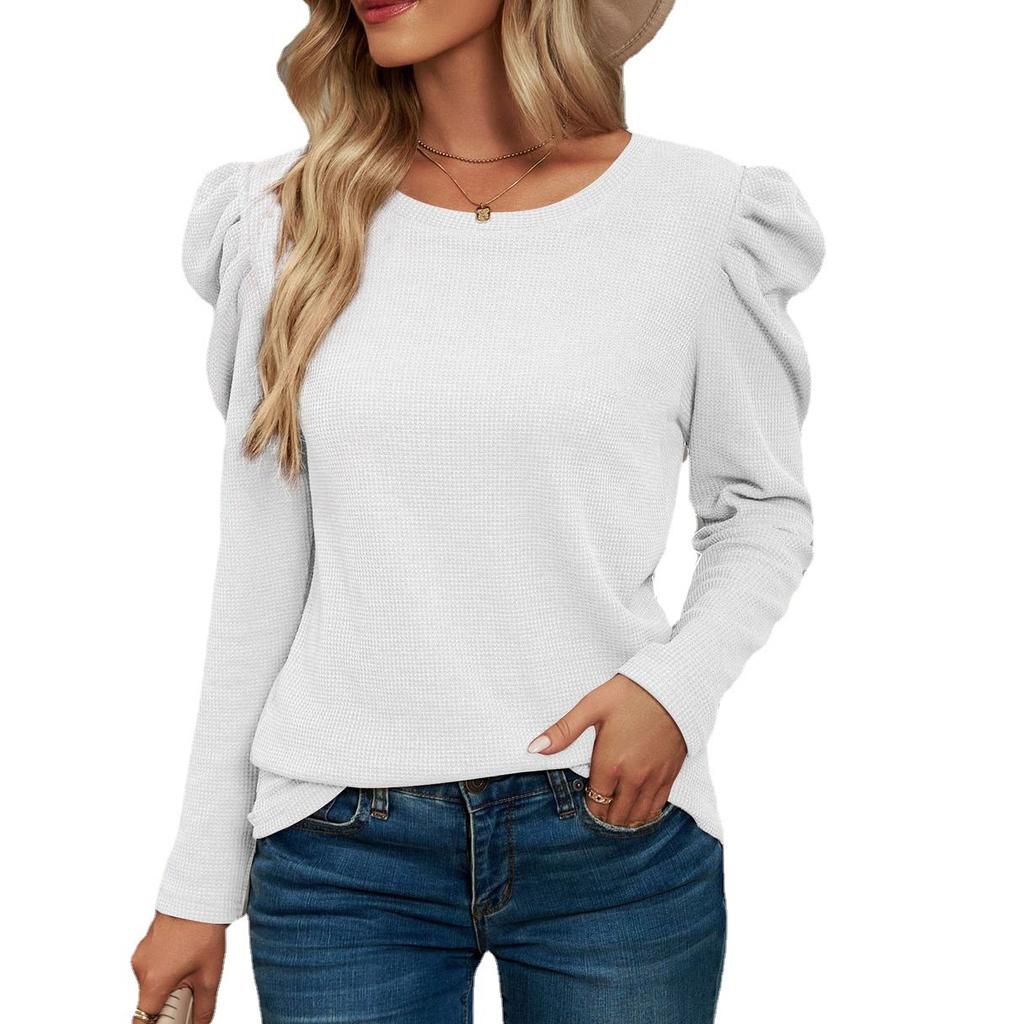 2024 Autumn/Winter New European And American Long Sleeve Folded Splicing Round Neck Waffle T-Shirt Top For Women