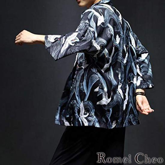 RomelCheo Crane Pattern Haori Loose Japanese Cool Jacket for Summer and Fashionable for Men and Harajuku Street RomelCheo Cardigan, Fit, 3/4 Sleeves,