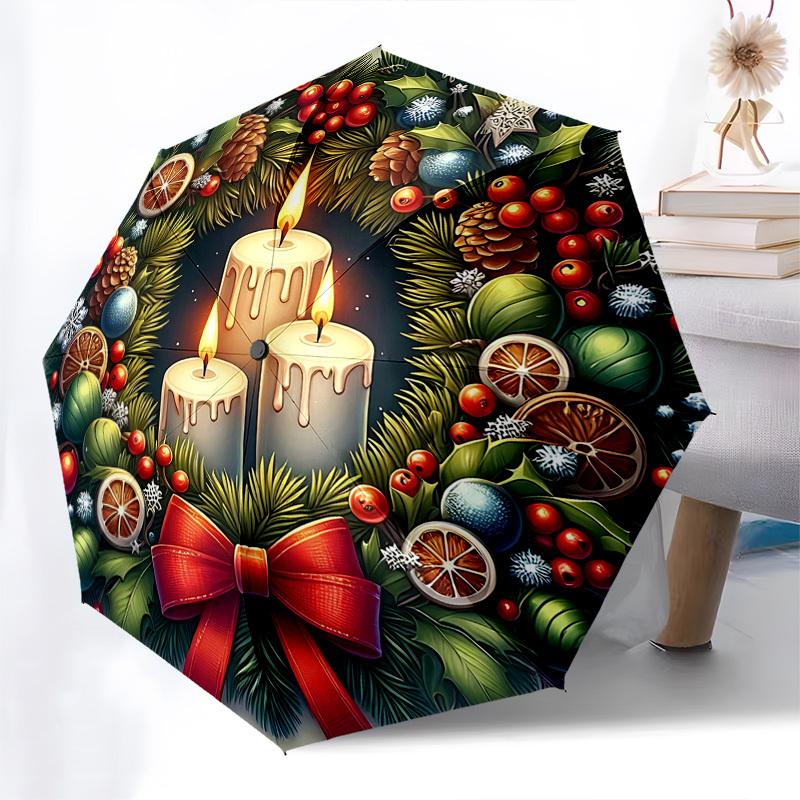 

1pc Christmas Wreath with Candles Automatic Folding Umbrella, Portable 3-Fold Design, 8-Rib Iron Frame, Festive Decoration for Outdoor Use, Perfect Gi