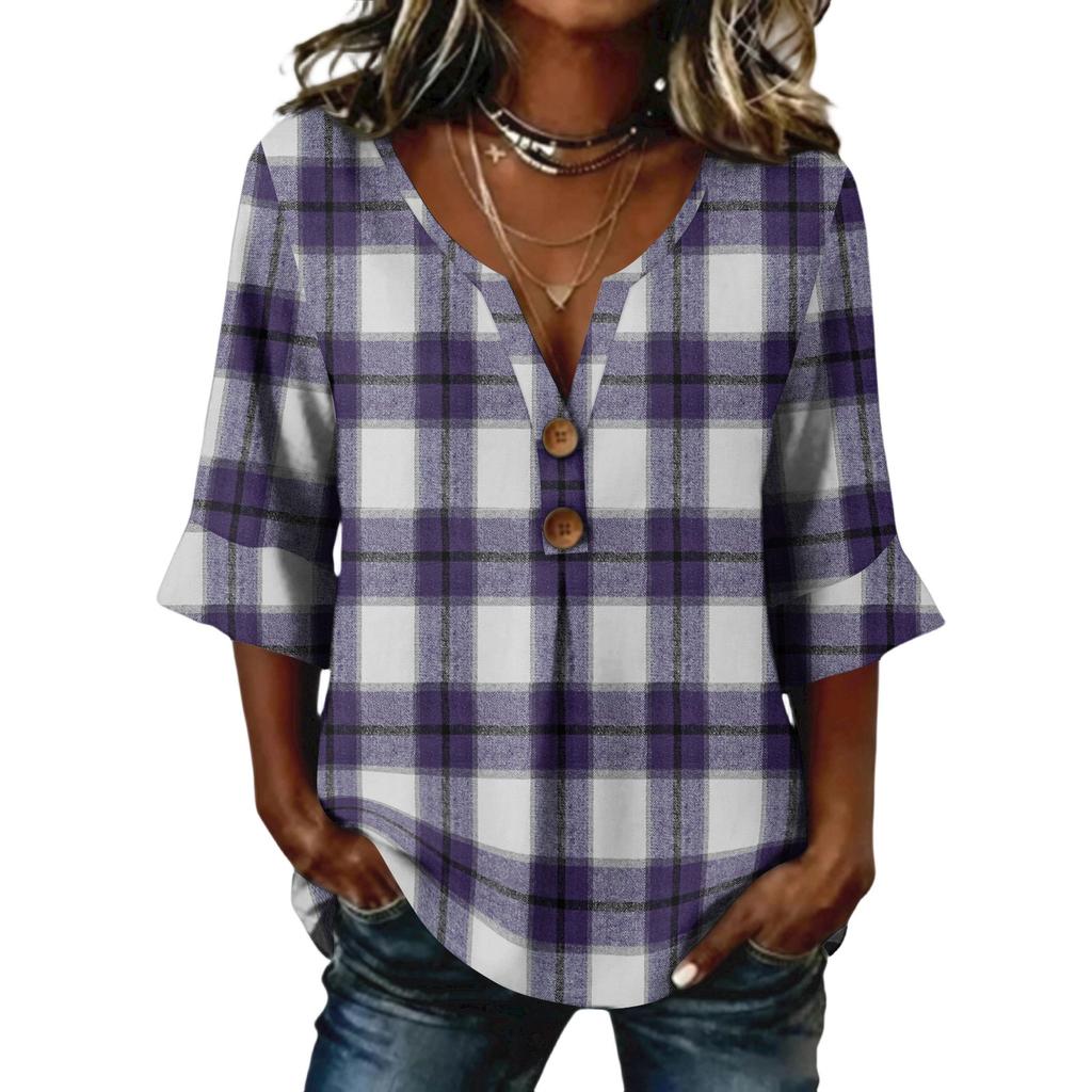 Ladies' plaid printed button casual V-neck fashionable seven quarter sleeve top