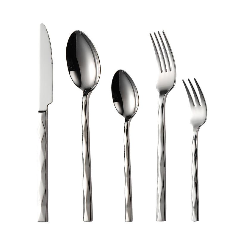 304 Stainless Steel Forged Square Handle Rhombus Pattern Western Food Knife, Fork and Spoon 5 Main Pieces Multi-specification Hotel Set Gifts