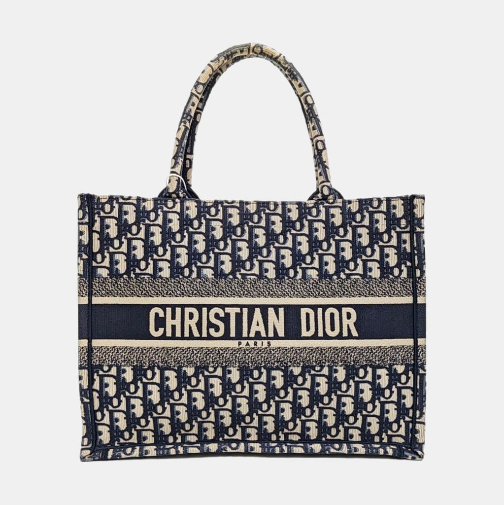 [Usato] Borsa Tote Media Tela Blu Ricamo Monogramma Borsa a Mano - Ottime Condizioni #7AWINR
