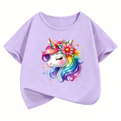 Modisches Pferd mit Regenbogen-Design T-Shirt Gedrucktes T-Shirt Sommerkleidung für Mädchen Kurzarm Tops T-Shirts Süße Mädchenkleidung
