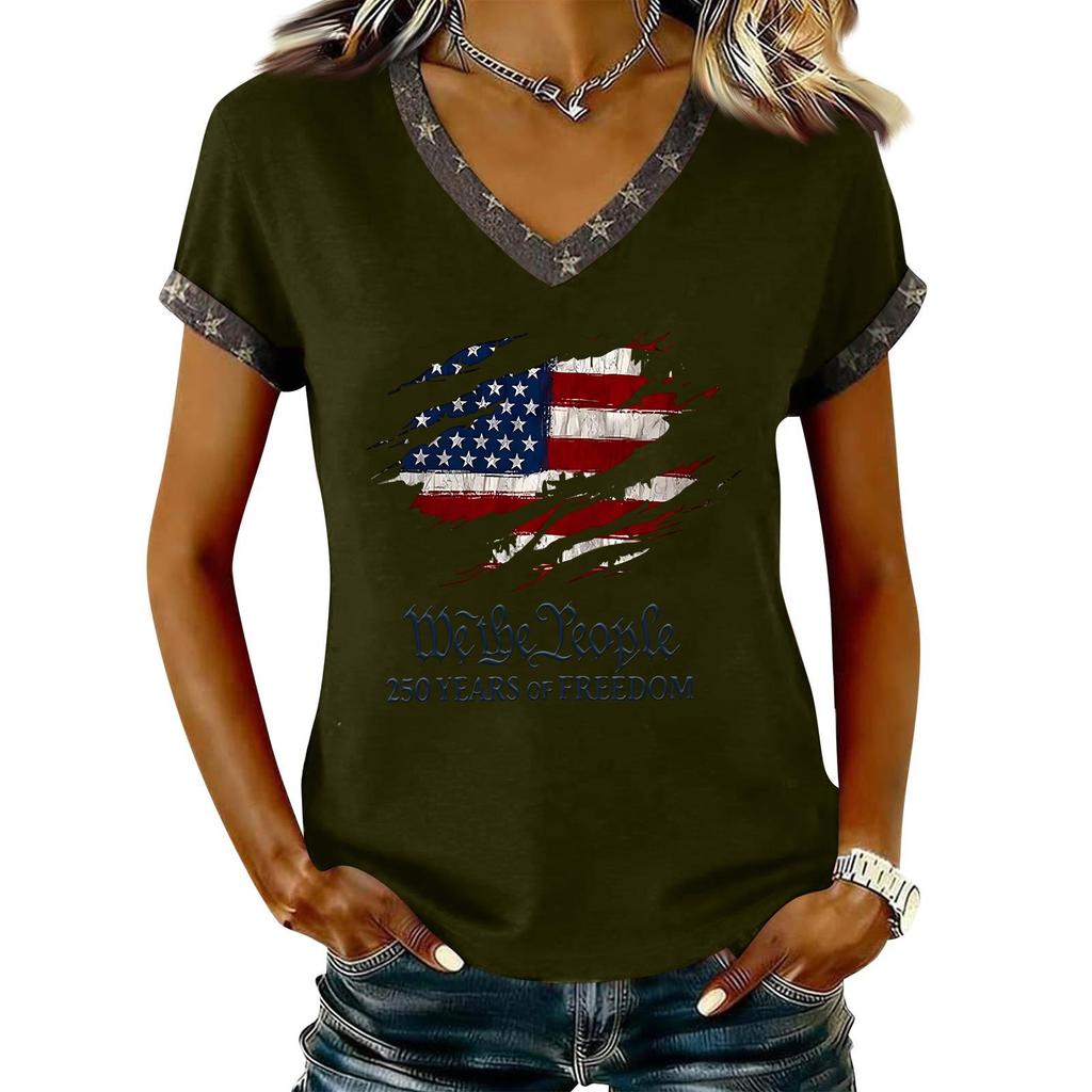 Damen Lässiger V-Ausschnitt Kurzarm Pullover Bedrucktes T-Shirt Top