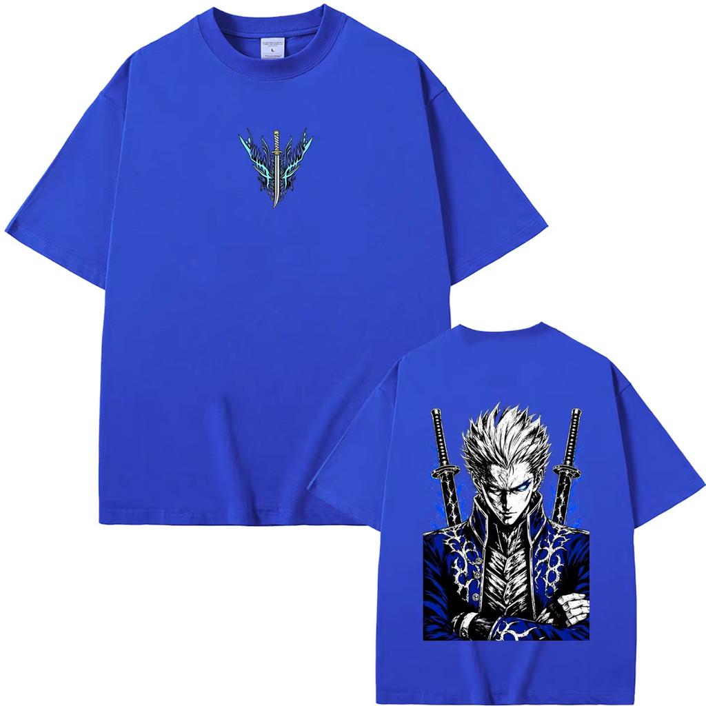 2026 Sommer Spiel Devil May Cry Vergil Doppelseitiger Druck Grafik T-Shirt Y2K Herren Damen Gothic Rundes T-Shirt Retro Vintage Grafik Übergroßes T-Shirt