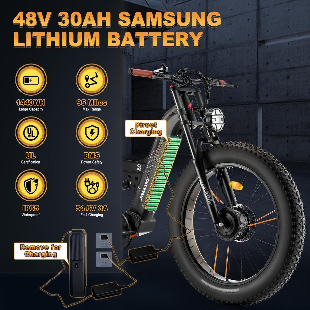 Freesky M530 Electric Bike, 2 * 1000W Dual Motor, 48V 30Ah Battery, 26*4.0'' Fat Tires, Range 120KM,  Max 64 KM/H, Dual Suspension