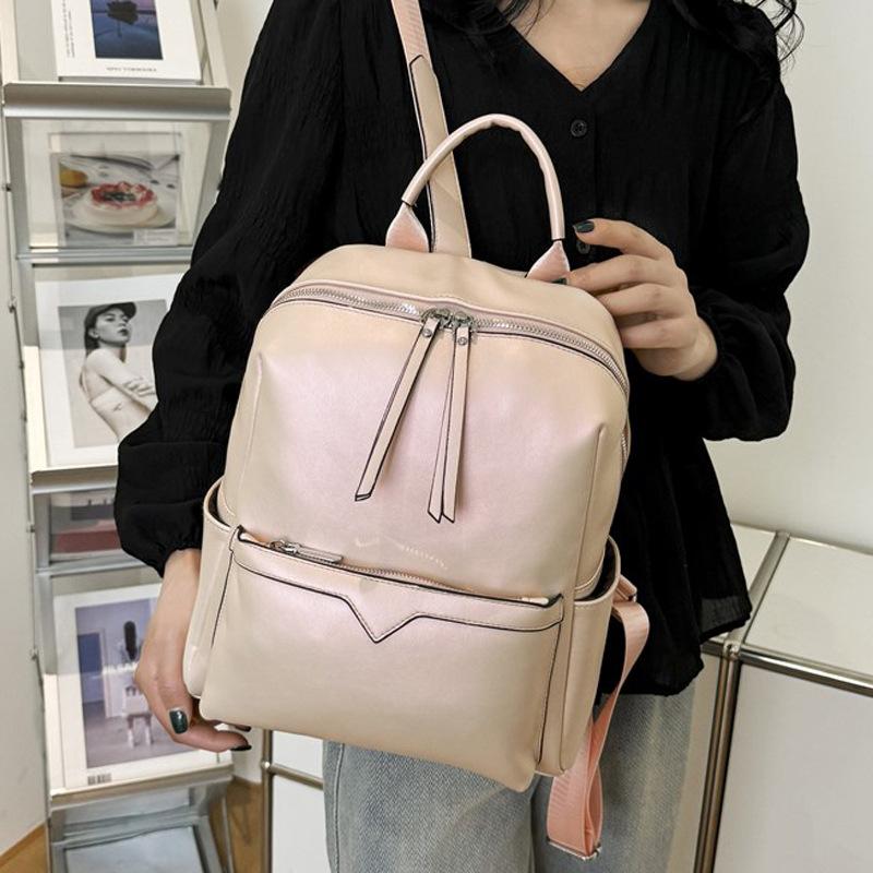 

Ladies Korean-style soft leather backpack, large capacity, versatile, new style, student backpack, travel bag рожевий