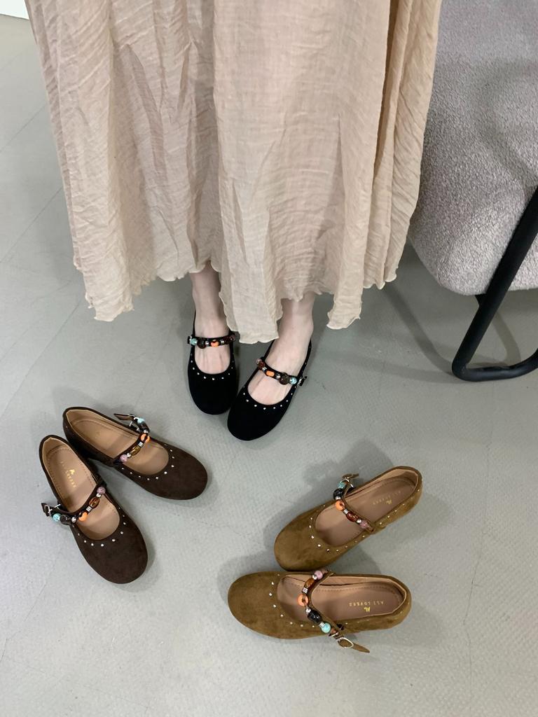 Mary Jane shoes women's 2025 autumn new French retro round head shallow mouth Mori series inner 4cm beaded women's shoes