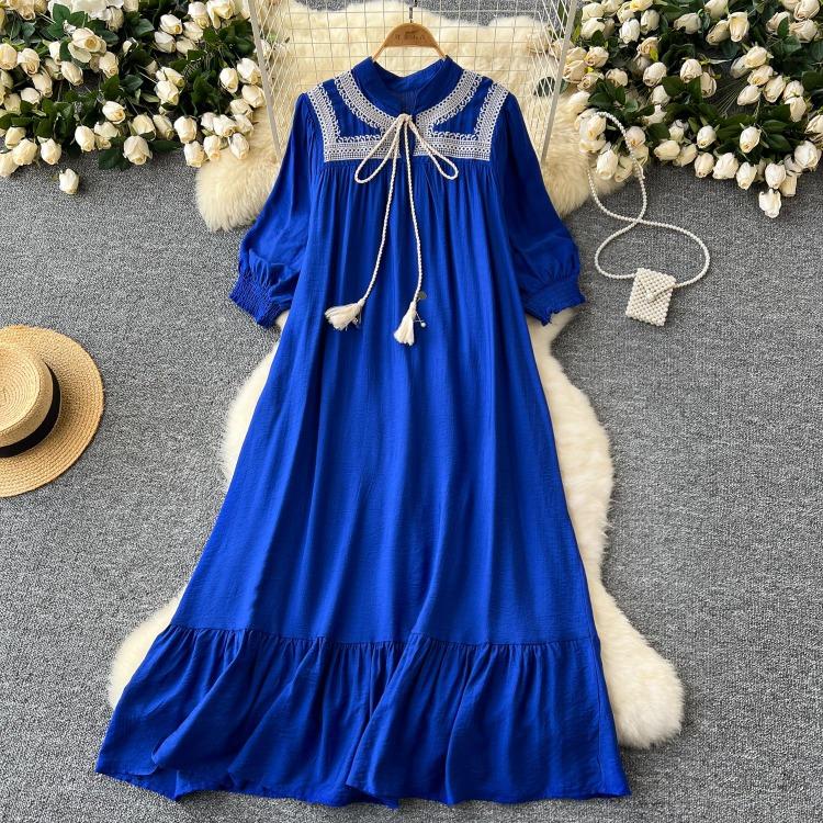 Elegant Retro Lace Up Summer Dress for Women A Line Ruffle Lantern Sleeve Loose Vacation Sweet O Neck Dresses