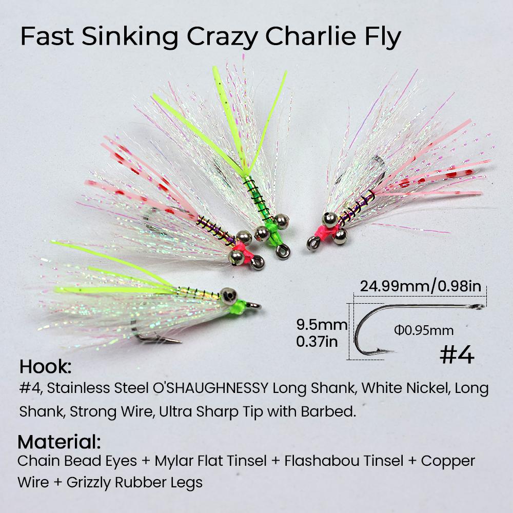 6 pezzi #4 Crazy Charlie Esca da Pesca a Mosca Amo Barbelato per Bonefish Bass Tarpon Acqua Dolce e Salata Mosche Affondanti Veloci