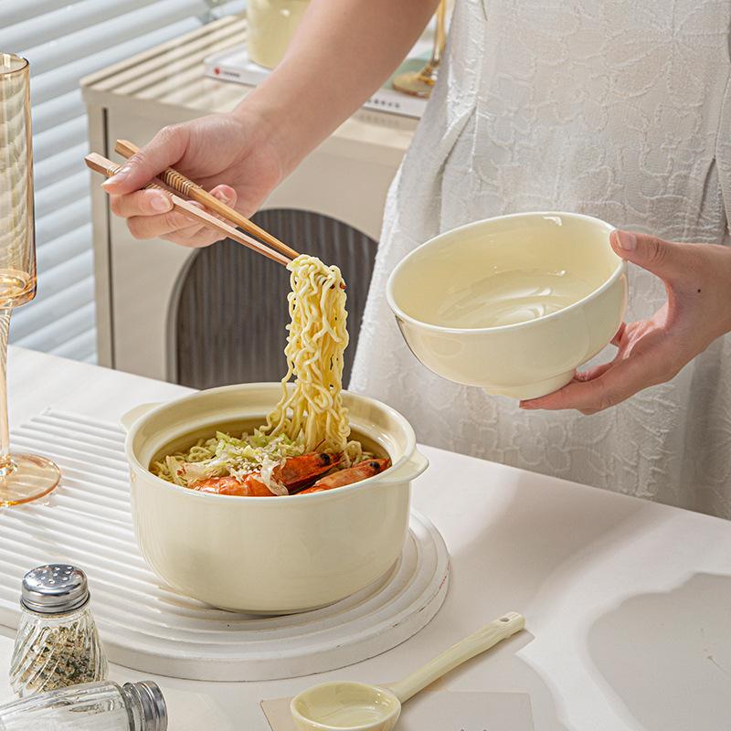 Cream Wind Ceramic Instant Noodle Bowl Creative Student Dormitory Canteen Lunch Box With Lid Spoon Large Bowl Instant Noodle Bowl Set