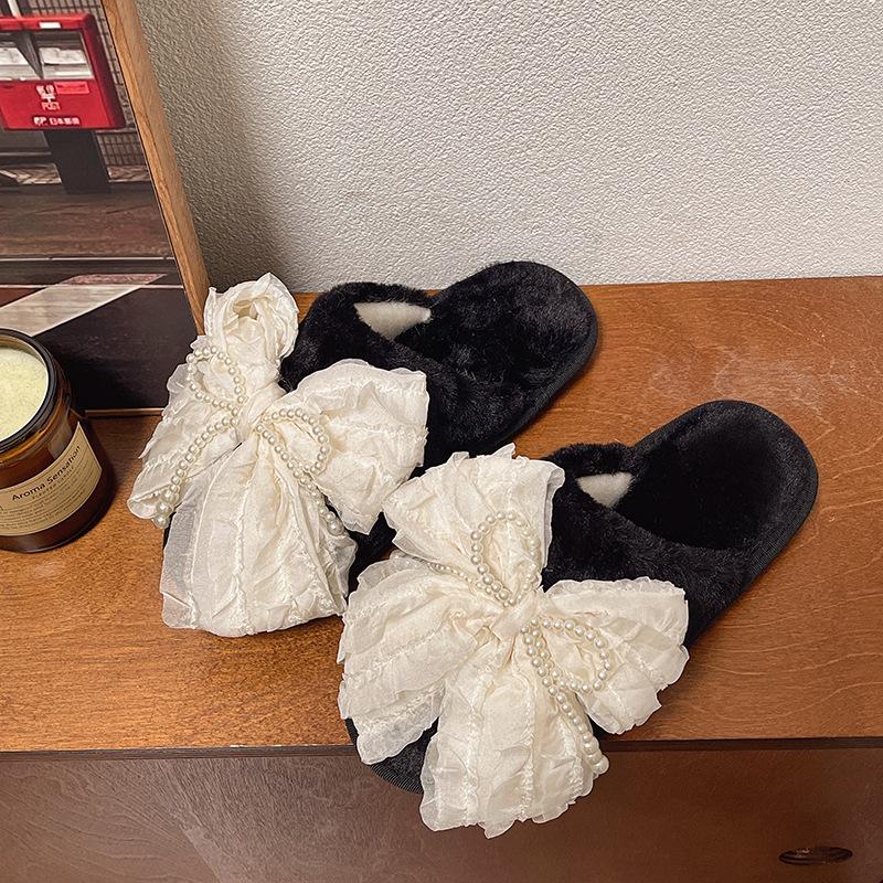 

Cute fluffy slippers women s home bag head cotton slippers autumn and winter new indoor warm bow plush slippers 40 чёрный