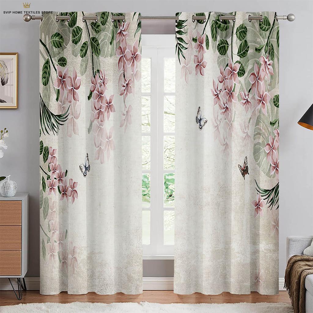 Butterfly Floral Watercolor Print Curtains, Decorative Curtains, Bedroom, Living Room, Study Room, Can Be Customized, 2 PCs