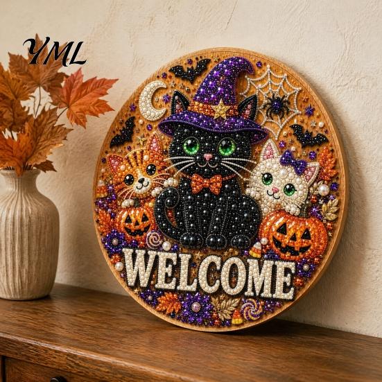 Wall Hanging Decor Halloween Faux Pearl Door Sign Kit, Ghost Skull Skeleton Cat Welcome Decoration Crafts Handmade Painting Arts for DIY Art
