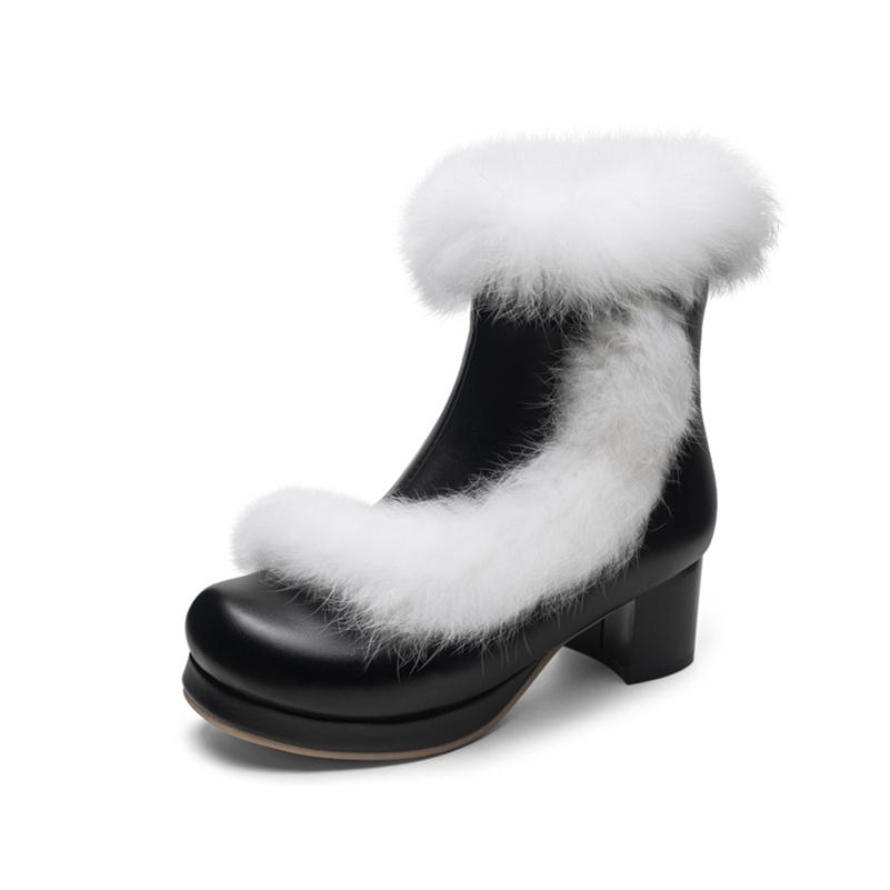 FOREADA Women Kawaii Ankle Boots Round Toe Thick Mid Heels Zipper Cosplay Lolita Short Boots Ladies Fashion Shoes Winter White 46
