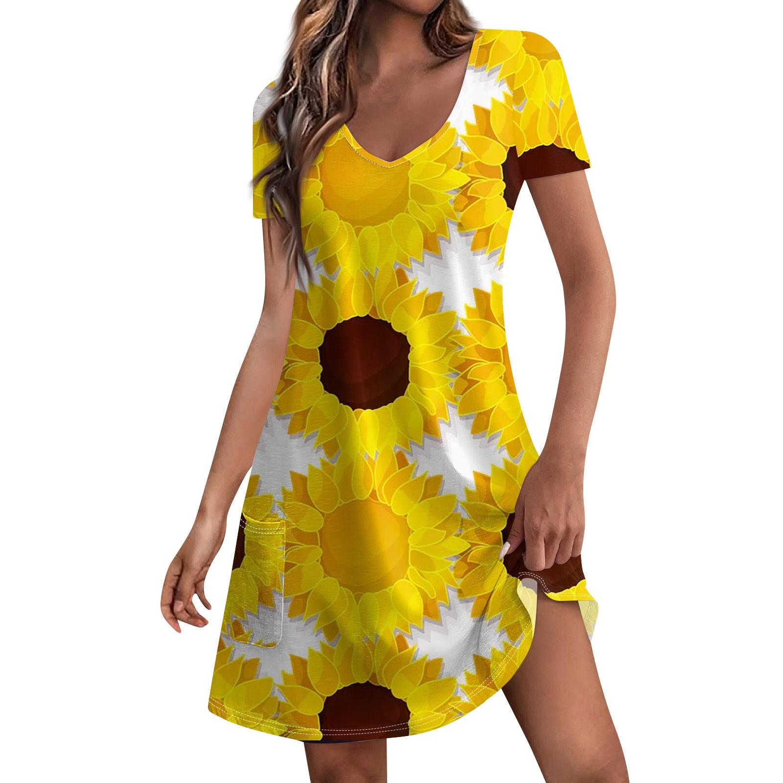 

Женское летнее повседневное платье с короткими рукавами и цветочным принтом подсолнечника и карманом L