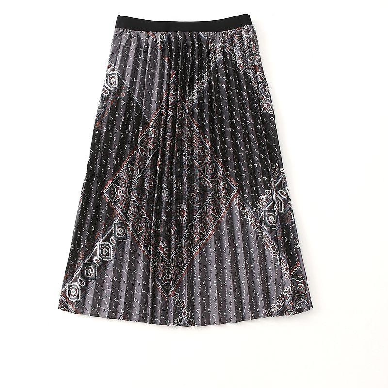 

Export South Korea Elegance Retro Print High Waist Slimming Pleated Skirt Spring/Summer Mid-Length Overknee Skirt Black gray Print Free size