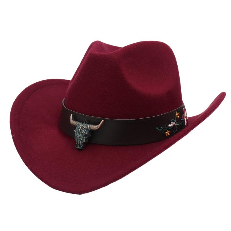 Western Cowboy Hat Tibetan Ethnic Top Hat Bull Head Flower Belt Accessories Felt Hat Curled Hat