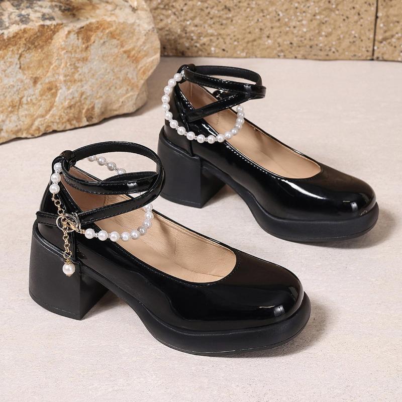 

Fashion Women s Thick Heel Shoes Spring New Square Head Shallow Mouth Thick Bottom Metal Buckle Anti-slip Wear Mary Jane Shoes 42 чёрный