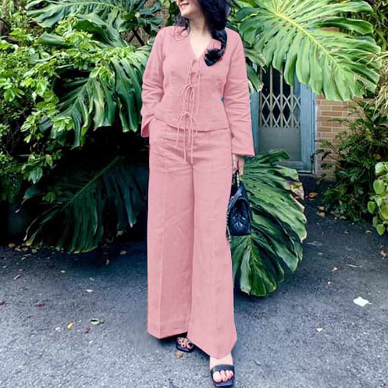 

ZANZEA Женская блузка с длинным рукавом и брюки повседневный комплект из двух частей 5XL розовый