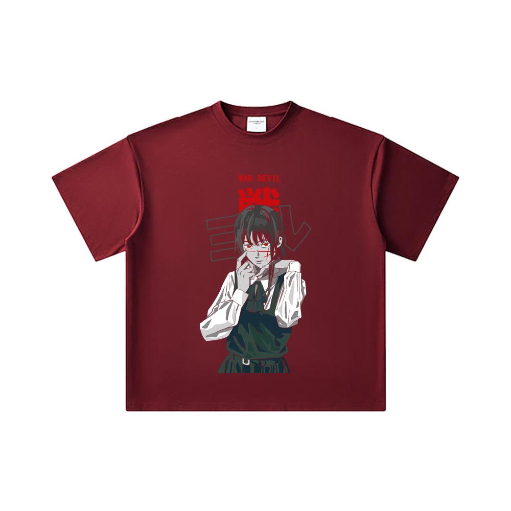 

260 GSM Double Yarn 32 Count 100% Cotton Chainsaw Man V58 War Devil Print Unisex Heavy Cotton T Shirt 2XL вина червоного кольору
