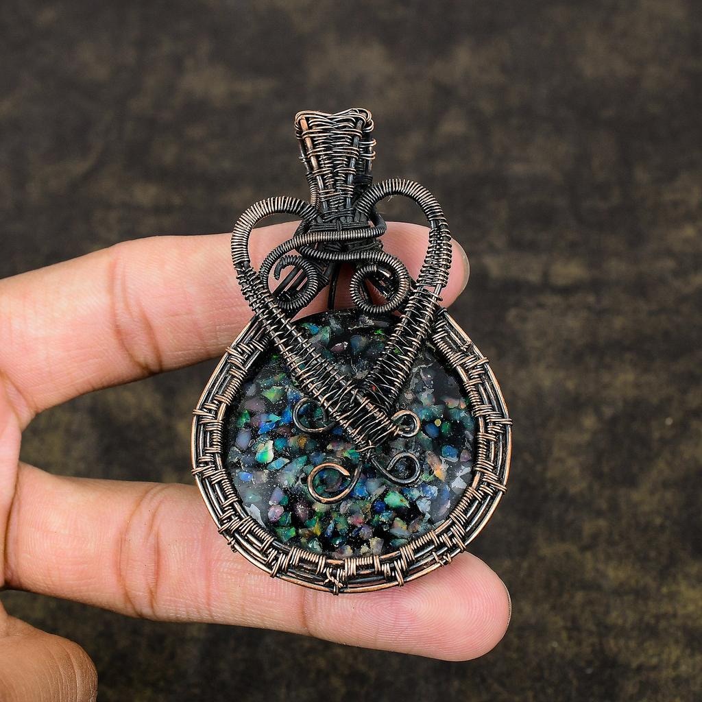 Natürlicher australischer Opal-Edelstein, handgefertigt, Kupferdraht-Wickelanhänger, 7,8 cm, J6O92
