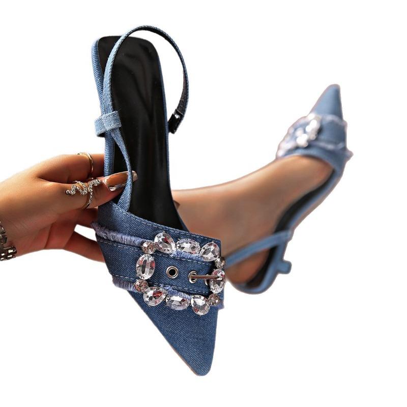 Dámské džínové podpatky široké šířky, špičaté lodičky na stiletto s přezkou z kamínků, společenské boty s páskem kolem kotníku pro ženy