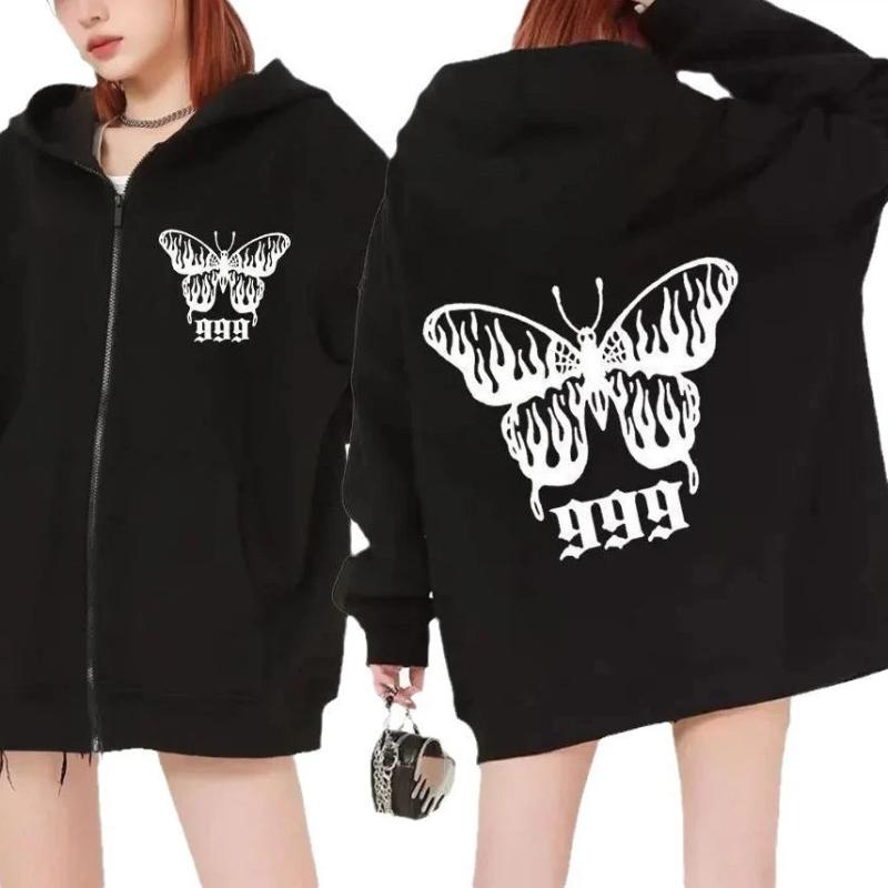 American retro butterfly hooded zipper sweatshirt, unisex trend, flowing with plush, thick and loose oversized winter cardigan