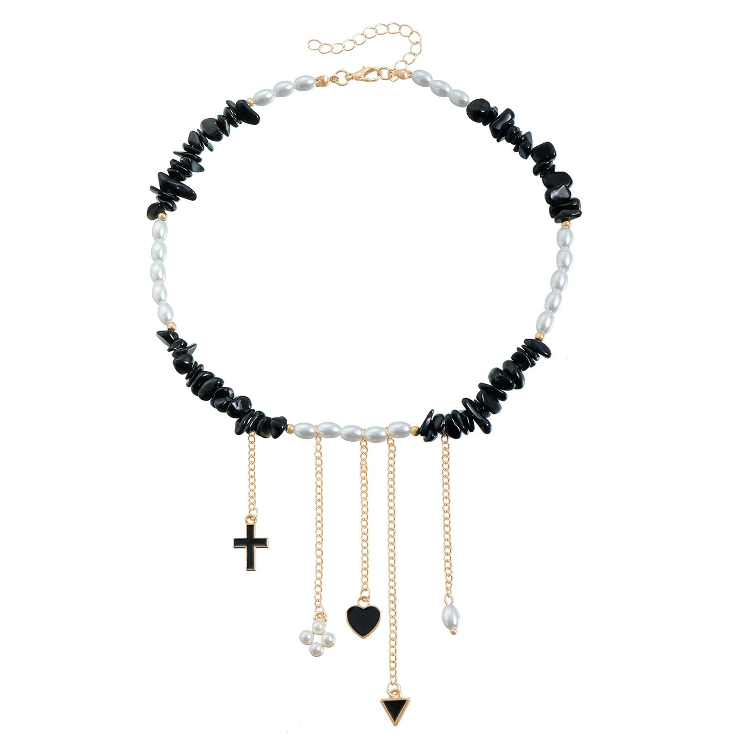 ins Casual Wind Stone Pearl Splicing Love Cross Street Necklace Birthday Gift золотой