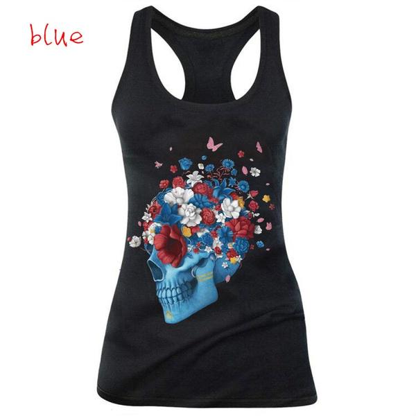 Dámské módní gotické košile bez rukávů Červená růže Head Skull 3D potištěná tílka Vintage Dead Kiss košile