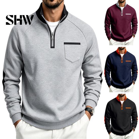 Solid Color Zip Up Tops Men Quarter Zipper Pullover Tops, Mock Neck Long Sleeve Sweatshirt, Contrast Winter Warm Casual Sport with Chest Pocket, Fall