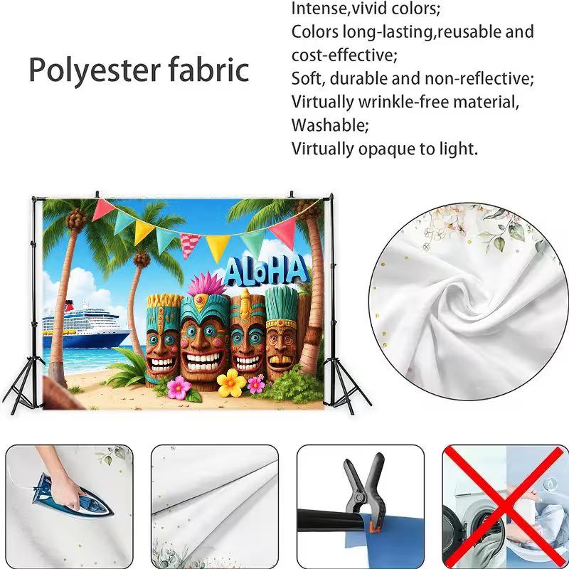 2D Hawaiian Luau Background, Tropical Beach Scene with Tiki Gods and Cruise Themed Photoshoot Backdrop