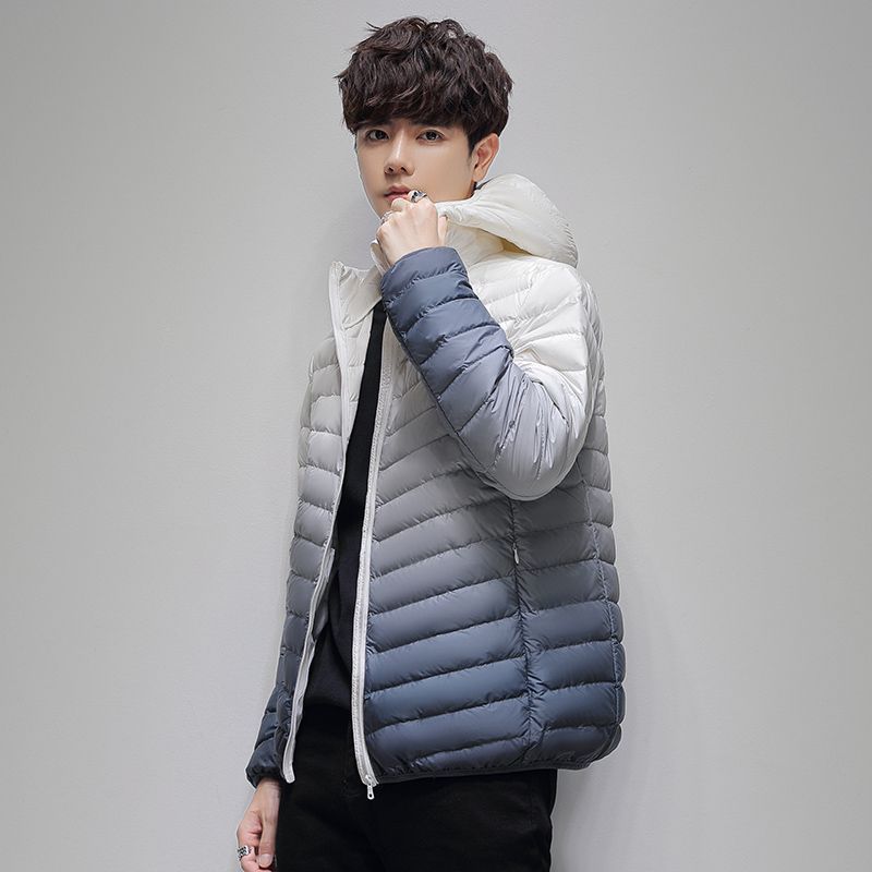 Winter New Light Down Jacket Men's Light Warm Men's Short Hooded Stand-up Collar Gradual Change Color Duck Down Cold Jacket
