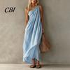 Retro Style Dress Women's Summer One Shoulder Beach Sundress, Pleated A-line Mid-length Loose Flowy Long Dress, Casual Travel Vacation Women