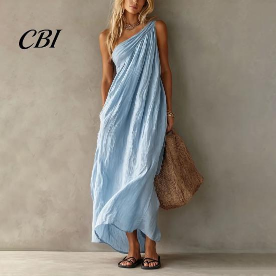 Retro Style Dress Women's Summer One Shoulder Beach Sundress, Pleated A-line Mid-length Loose Flowy Long Dress, Casual Travel Vacation Women
