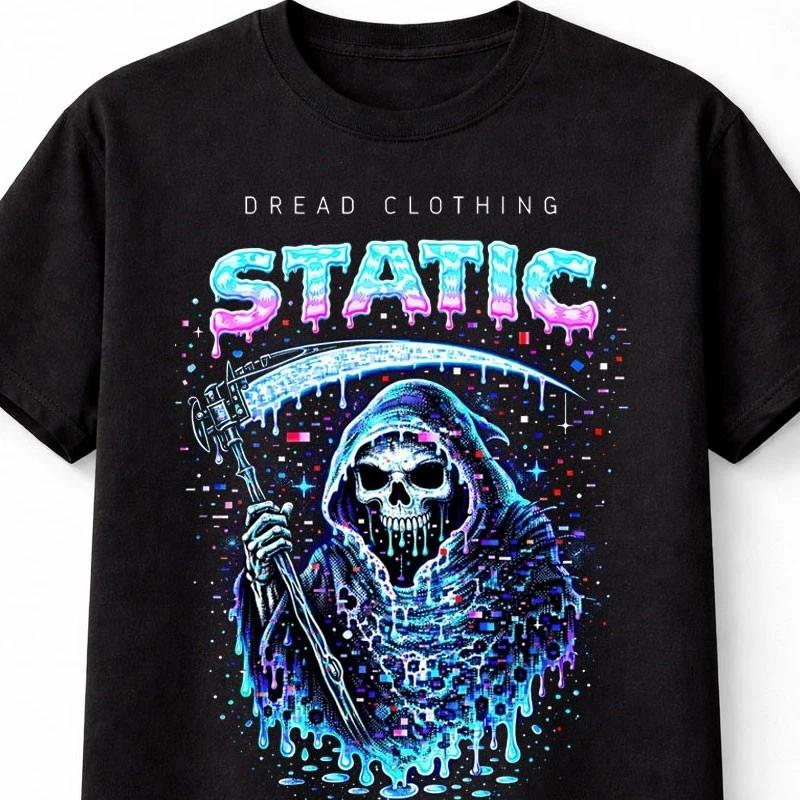 Static Reaper Glitch Horror Neon Graphic Black Unisex TShirt S