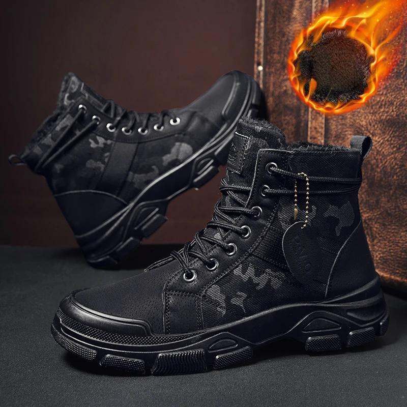 Winter New Men's Camouflage Boots Trendy Casual Retro Desert High Quality Plush Middle Top Motorcycle Outdoor Hiking Work Shoes