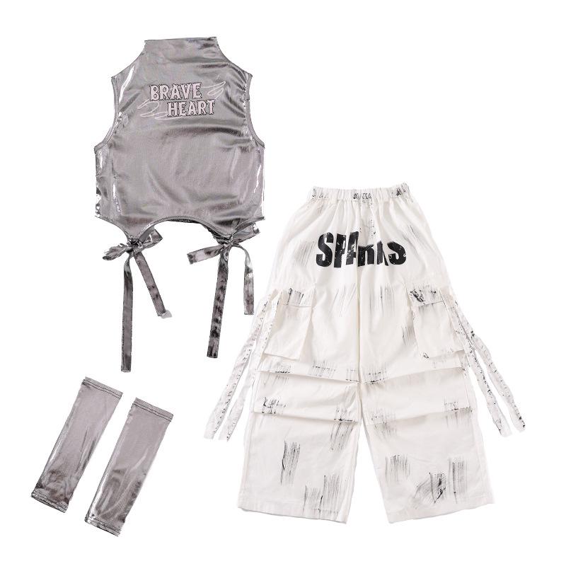 

Дівчачий сріблястий блискучий танцювальний костюм - Топ для джазових виступів та комплект одягу у вуличному стилі 140 cm