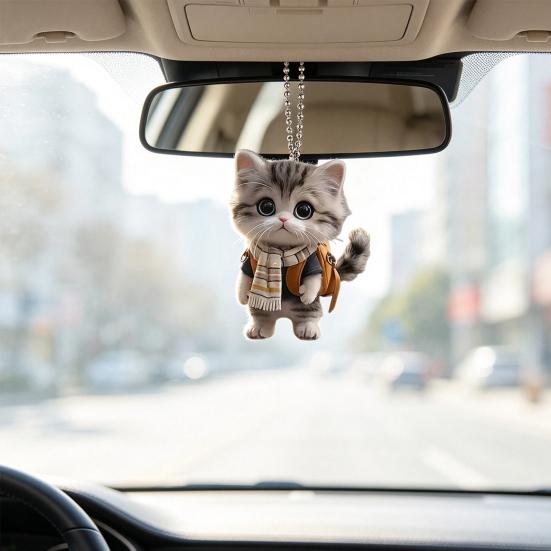 Unique Car Mirror Decoration Cat Acrylic Hanging Decor, Cute 2D Flat Rearview Versatile Pendant for Windows Pendant, Kawaii Keychain Accessories,