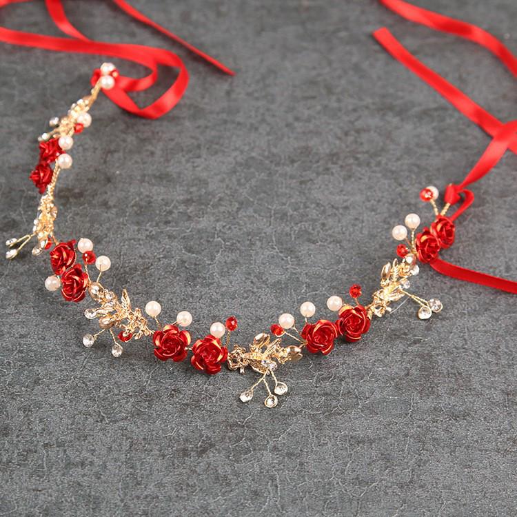 Fascia Rossa da Sposa Coreana con Rosa e Strass per Matrimonio