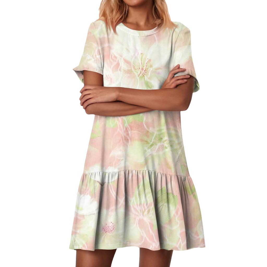 Women's Fashion Casual Round Neck Short Sleeve Ruffled Vintage Printed Dresses