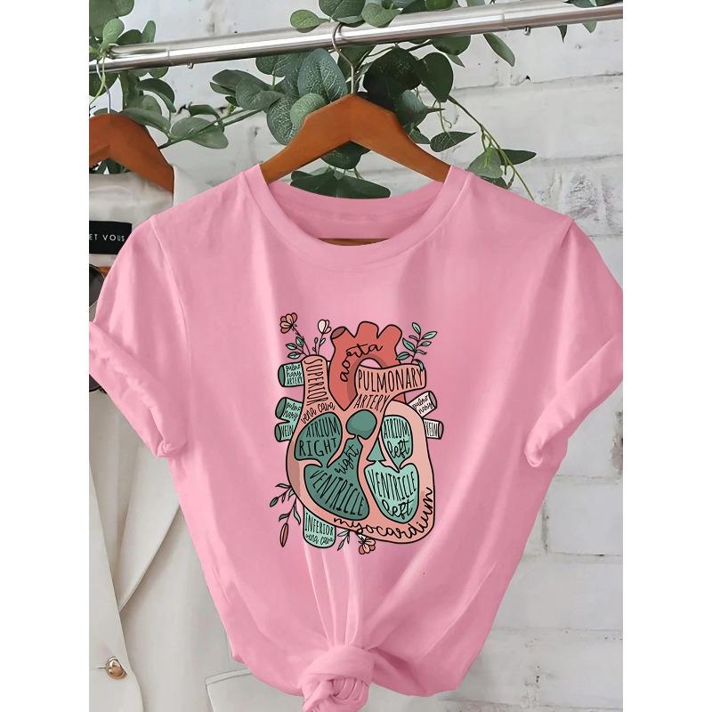 Women'S Casual Crew Neck T-Shirt with Pulmonary System Design - Short Sleeve, Machine Washable, Summer Fashion Top with Illustration,