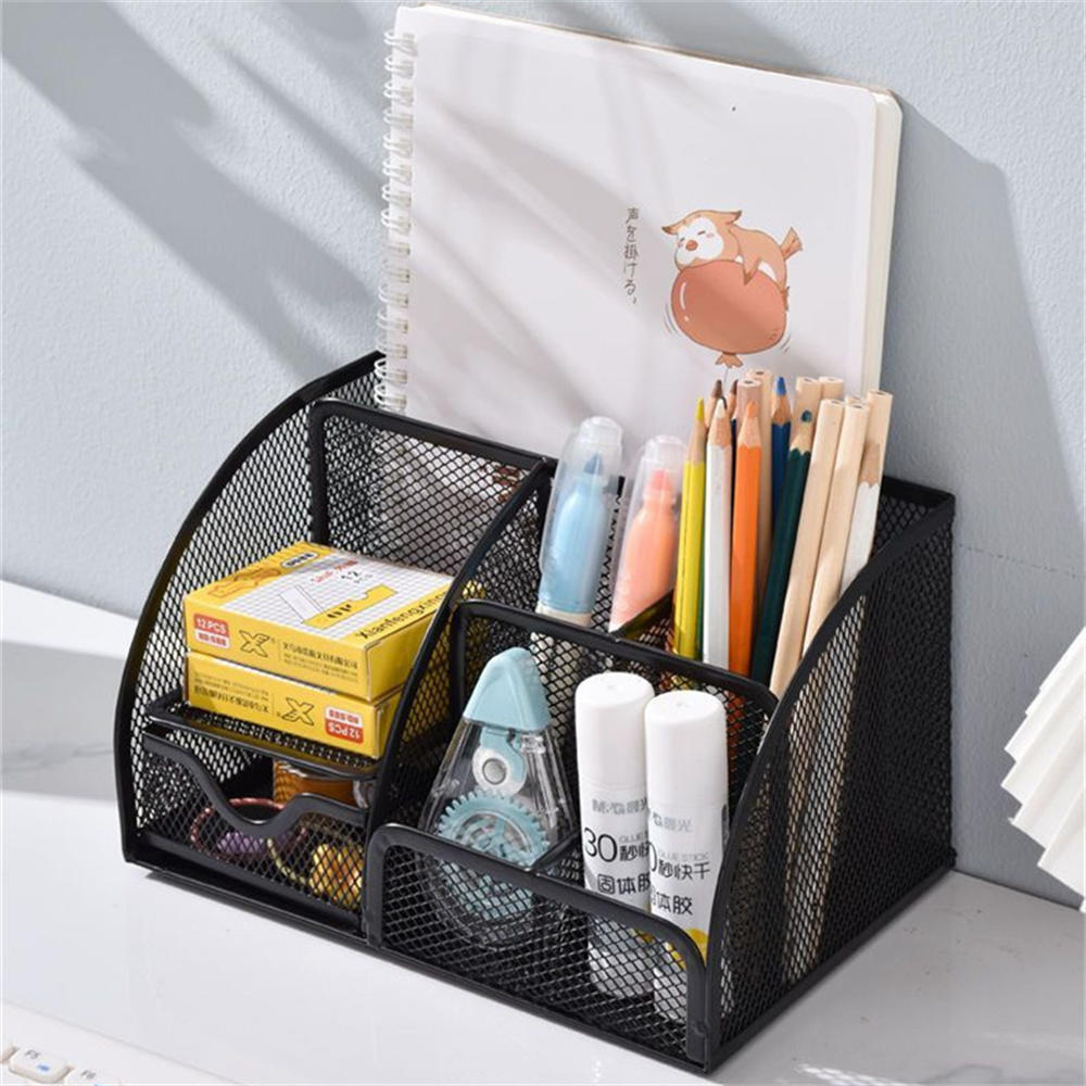 Office Desktop Storage Box Pen Holder Metal Mesh Square Divided Container Spacious Stationery Organizer School Supplies