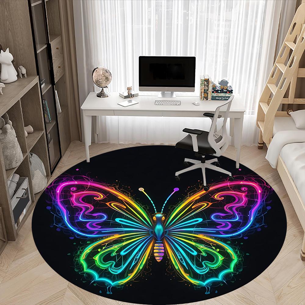 1PC Neon Butterfly Office Round Area Rug, Indoor Mat Suitable For Office, Under Office Chairs Bedroom Living Room Home Decor, Room Deco 105