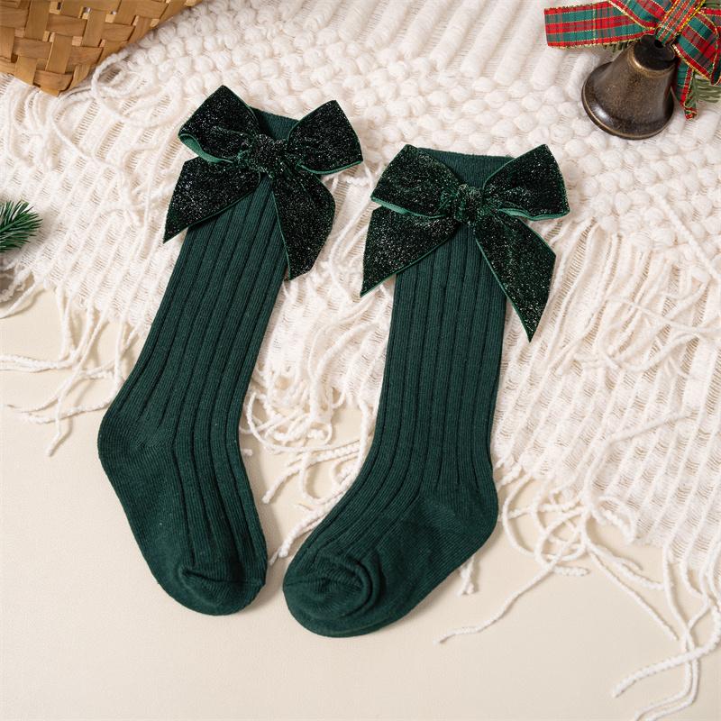 Chaussettes hautes pour bébés filles Automne Hiver Enfants Grand Nœud Longues Douces Noël Brillantes Coton Rouge Chaussettes Enfants Pour 0-8 Ans 5-8Years(XL) vert