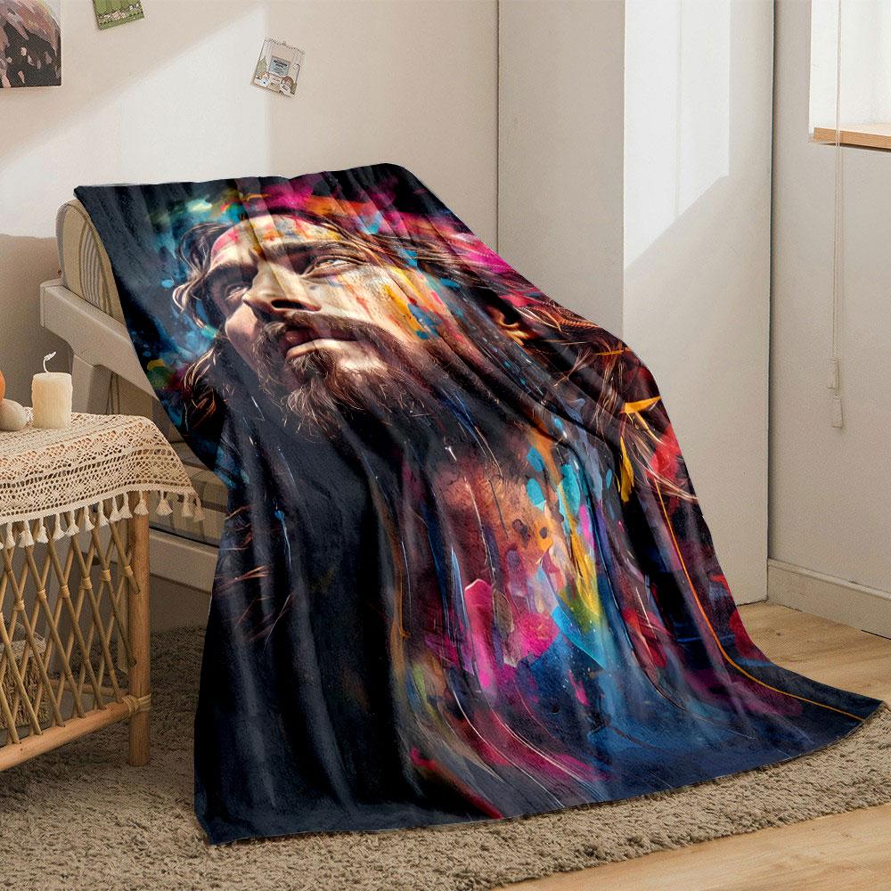 Jesus Portrait Colorful Art Blanket Bedroom Blanket for Livingroom Couch Lunch Break Soft Throw for Friend's Festival Gift