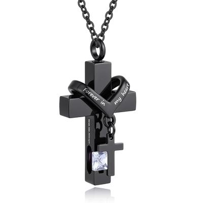 [InfuMemo] Cross-Shaped Urn Necklace for Loved One's Ashes with Birthstone - Forever In My Heart - Always with Me Cremation Jewelry Keepsake Pendant