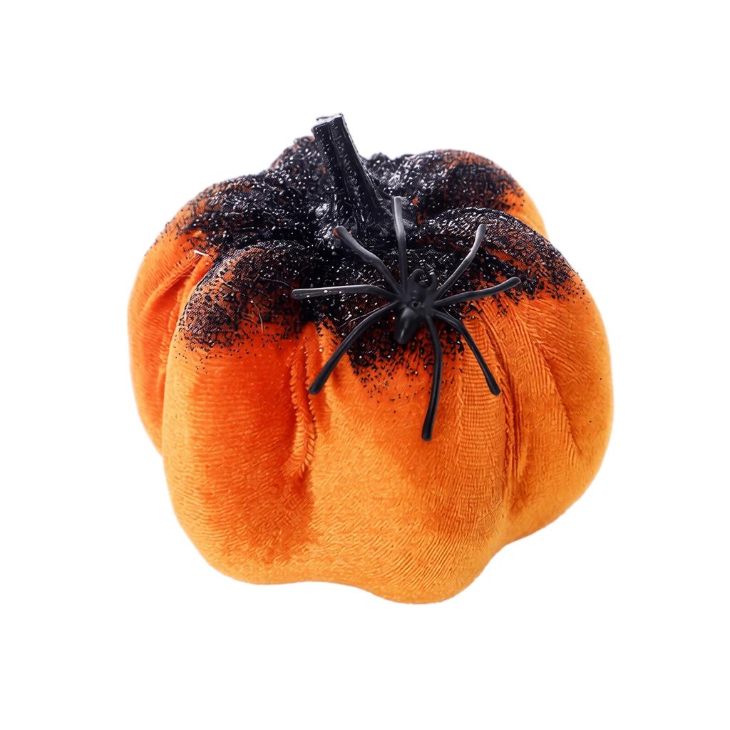 Velvet Pumpkin Halloween Decoration with Faux Spider and Rhinestone Embellishments Seasonal Tabletop Ornament for Fall Home Display