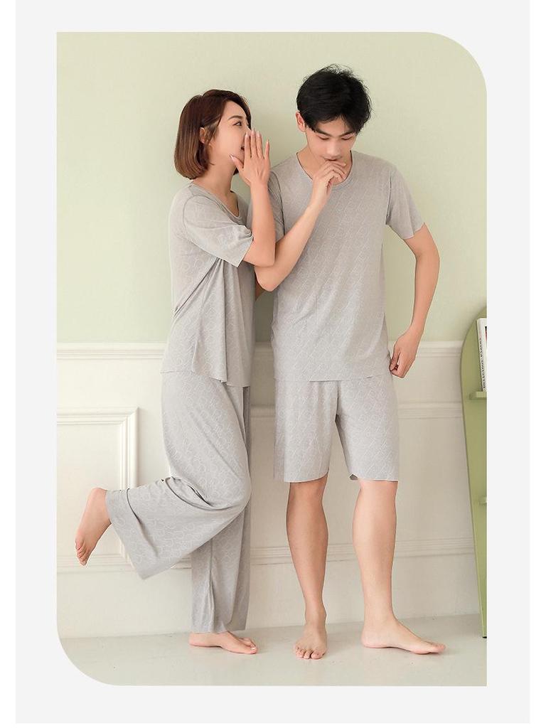 Men's Ice Silk Short Sleeve Pajama Set with Round Neck, Ribbed Shorts, and Versatile T-shirt for Indoors and Outdoors