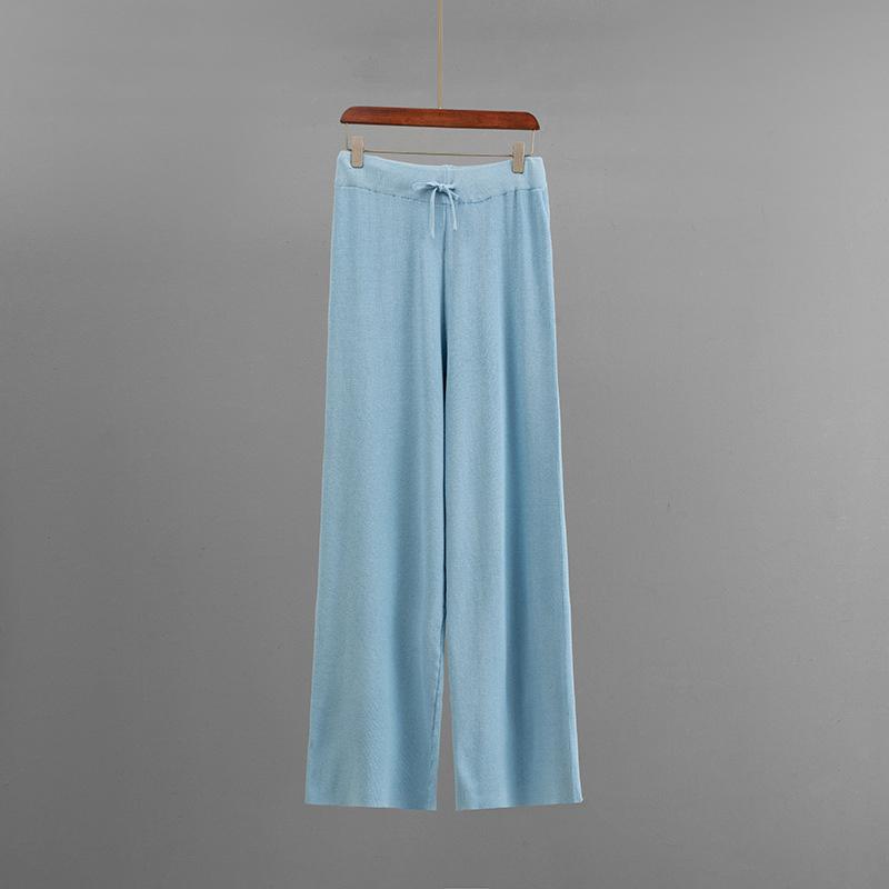 Knitted Solid Color Loose Zipper Hooded Short Sleeved Top Set Casual Wide Leg Pants Two Piece Set